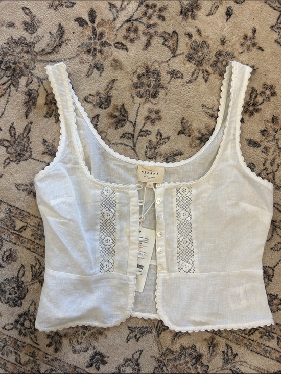 Sezane Tops - Sézane White Linen Lace-Trim Tank Top